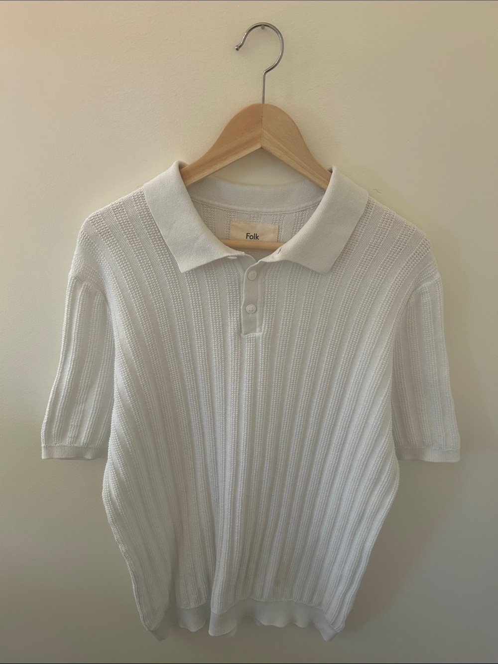 Folk Willow Men's Short Sleeve Knit Polo Shirt Ecru Cream Ribbed Sweater L
